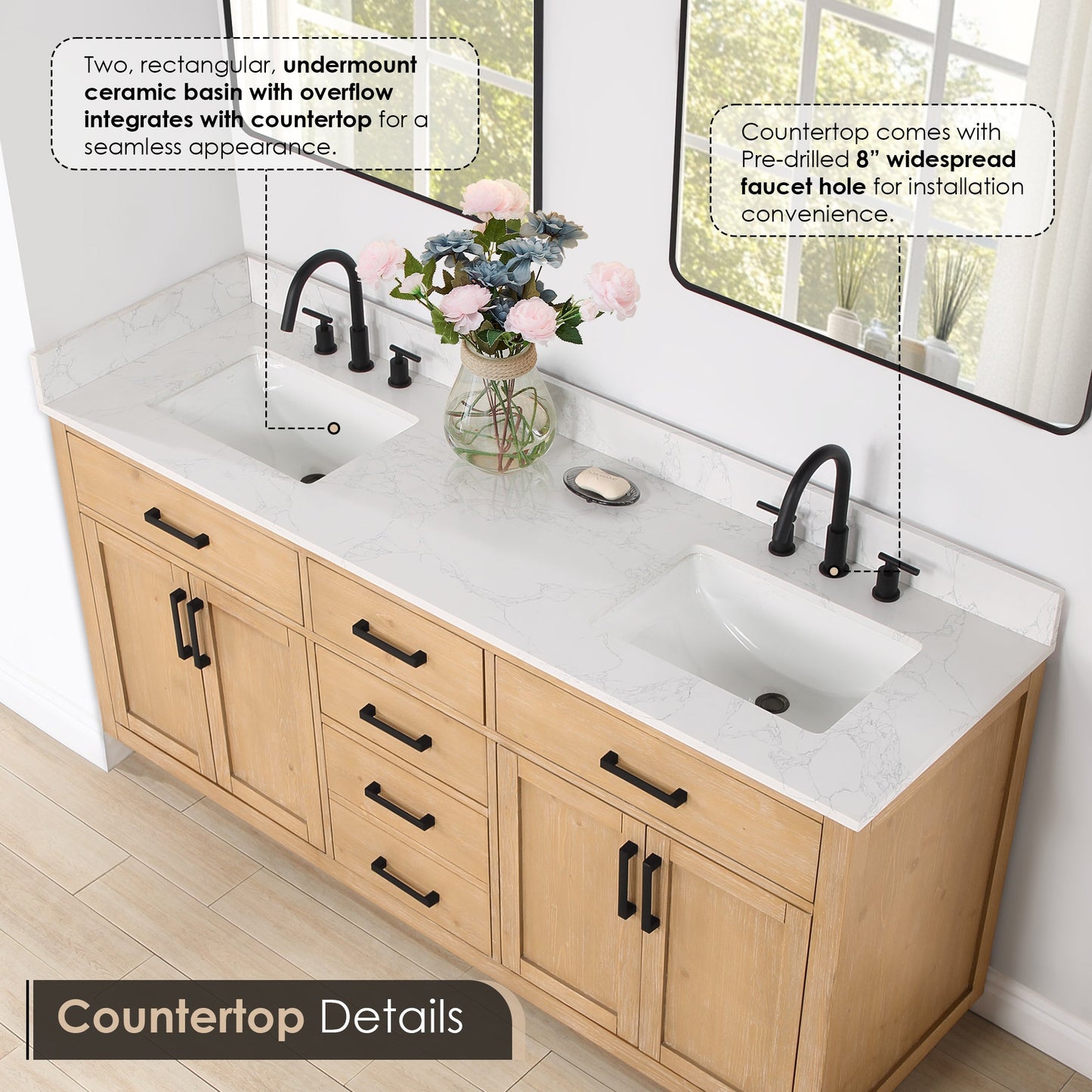 Gavino 72" Double Bathroom Vanity in Light Brown with Grain White Engineered Stone Countertop without Mirror