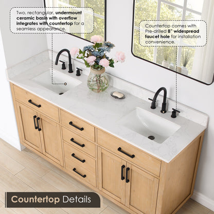 Gavino 72" Double Bathroom Vanity in Light Brown with Grain White Engineered Stone Countertop without Mirror