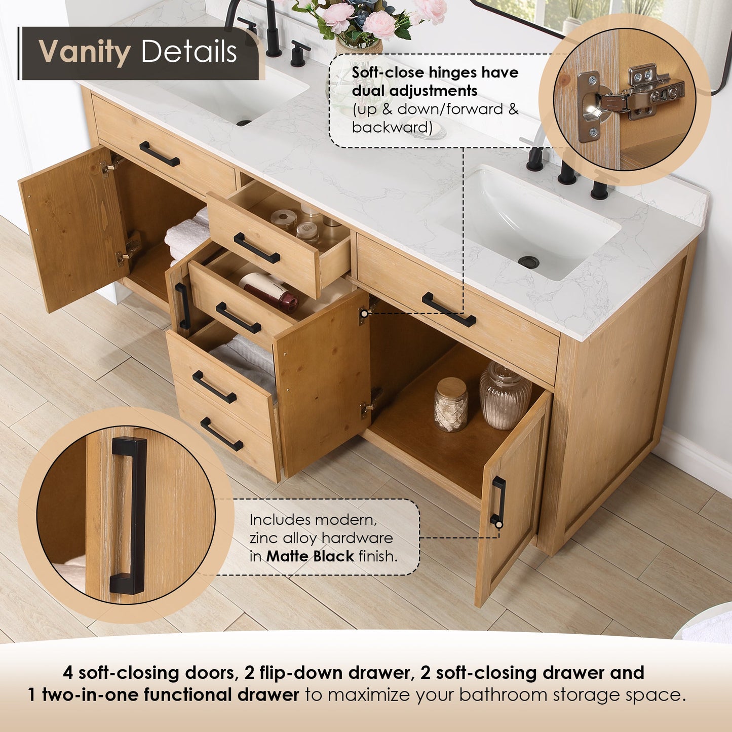 Gavino 72" Double Bathroom Vanity in Light Brown with Grain White Engineered Stone Countertop without Mirror