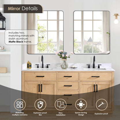 Gavino 72" Double Bathroom Vanity in Light Brown with Grain White Engineered Stone Countertop with Mirror