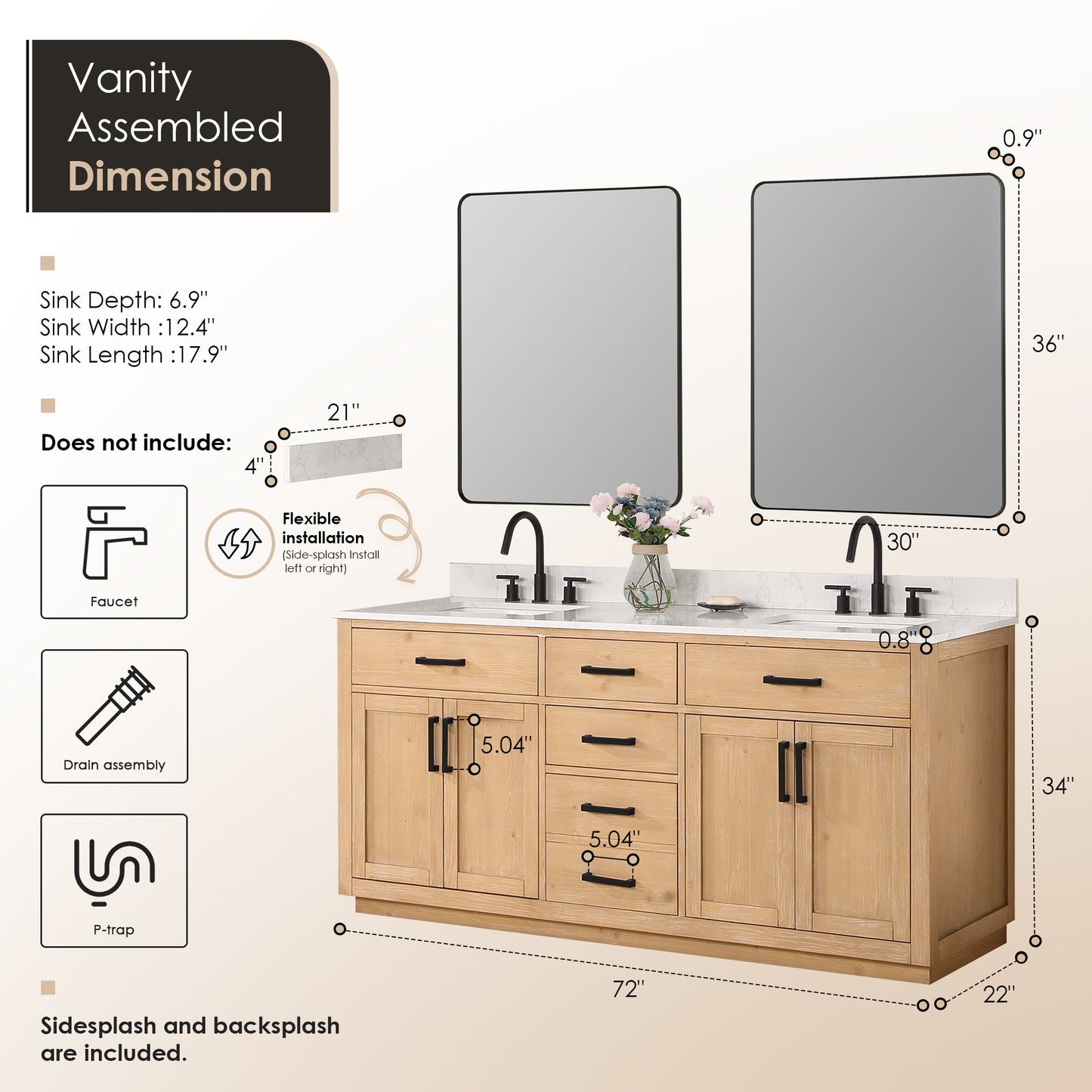 Gavino 72" Double Bathroom Vanity in Light Brown with Grain White Engineered Stone Countertop with Mirror