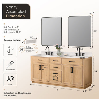 Gavino 72" Double Bathroom Vanity in Light Brown with Grain White Engineered Stone Countertop with Mirror