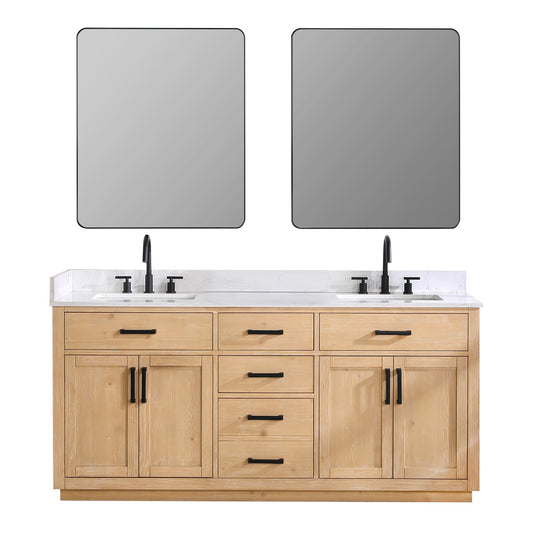 Gavino 72" Double Bathroom Vanity in Light Brown with Grain White Engineered Stone Countertop with Mirror