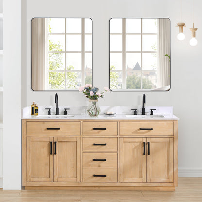 Gavino 72" Double Bathroom Vanity in Light Brown with Grain White Engineered Stone Countertop with Mirror