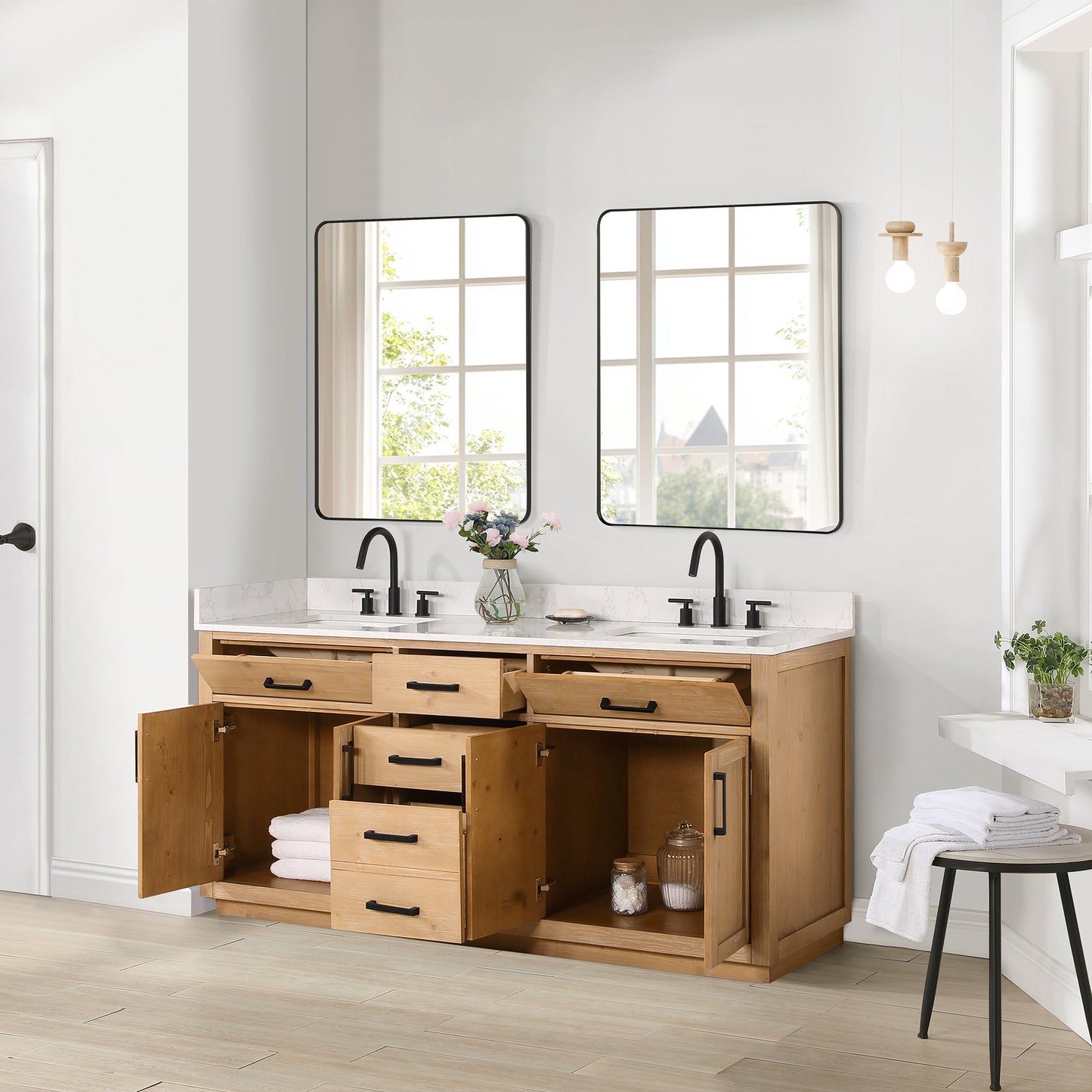 Gavino 72" Double Bathroom Vanity in Light Brown with Grain White Engineered Stone Countertop with Mirror