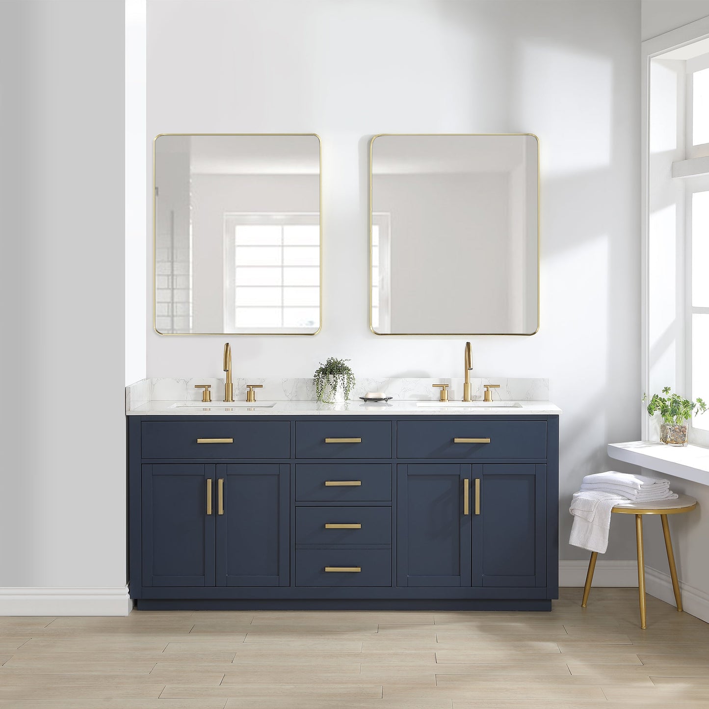 Gavino 72" Double Bathroom Vanity in Royal Blue with Grain White Engineered Stone Countertop without Mirror