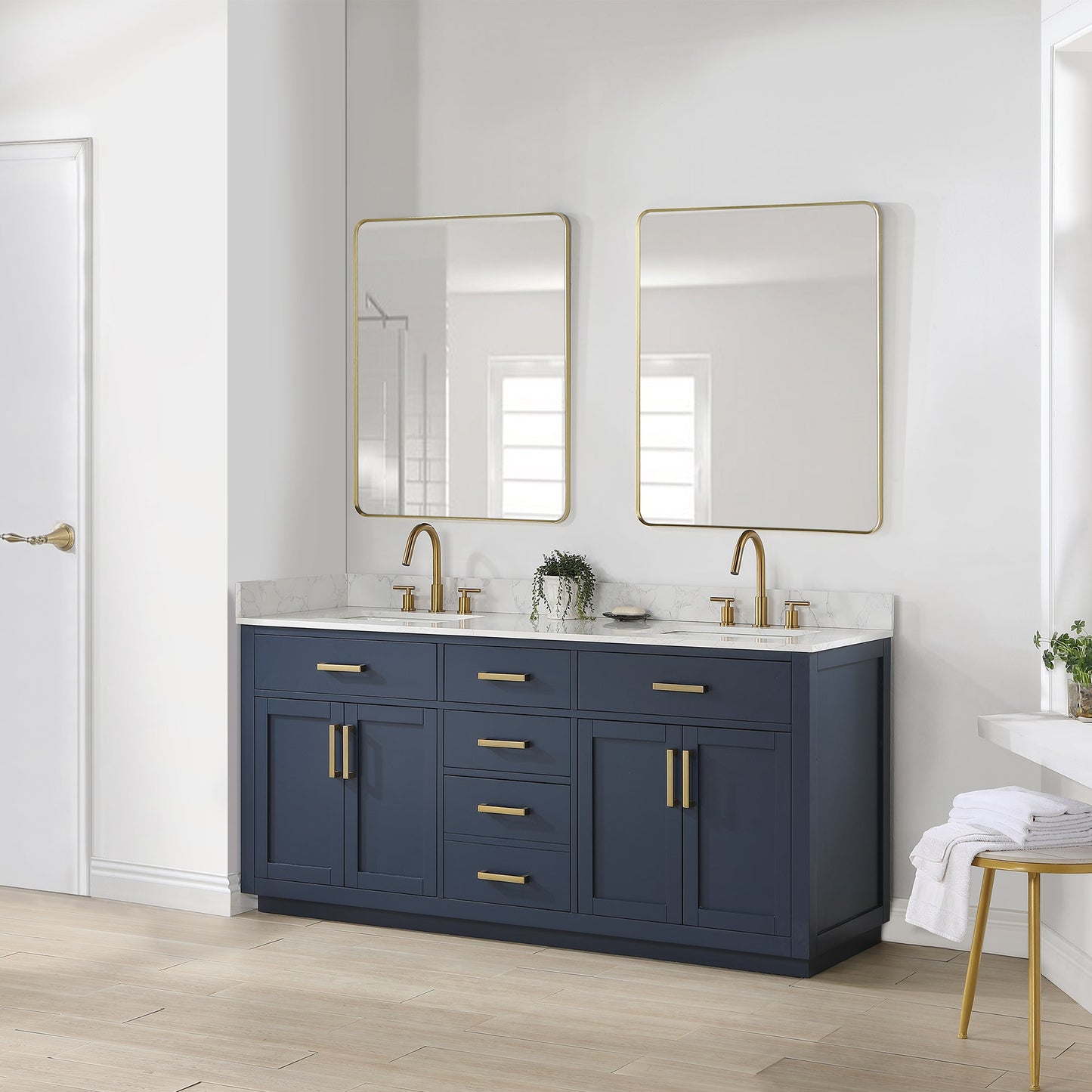 Gavino 72" Double Bathroom Vanity in Royal Blue with Grain White Engineered Stone Countertop without Mirror