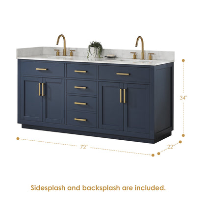 Gavino 72" Double Bathroom Vanity in Royal Blue with Grain White Engineered Stone Countertop without Mirror