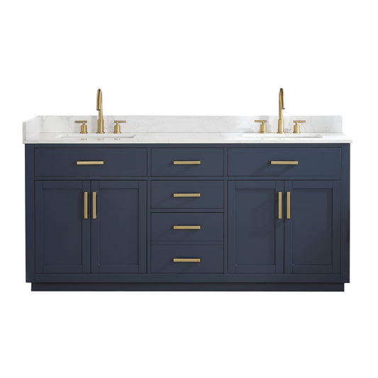 Gavino 72" Double Bathroom Vanity in Royal Blue with Grain White Engineered Stone Countertop without Mirror