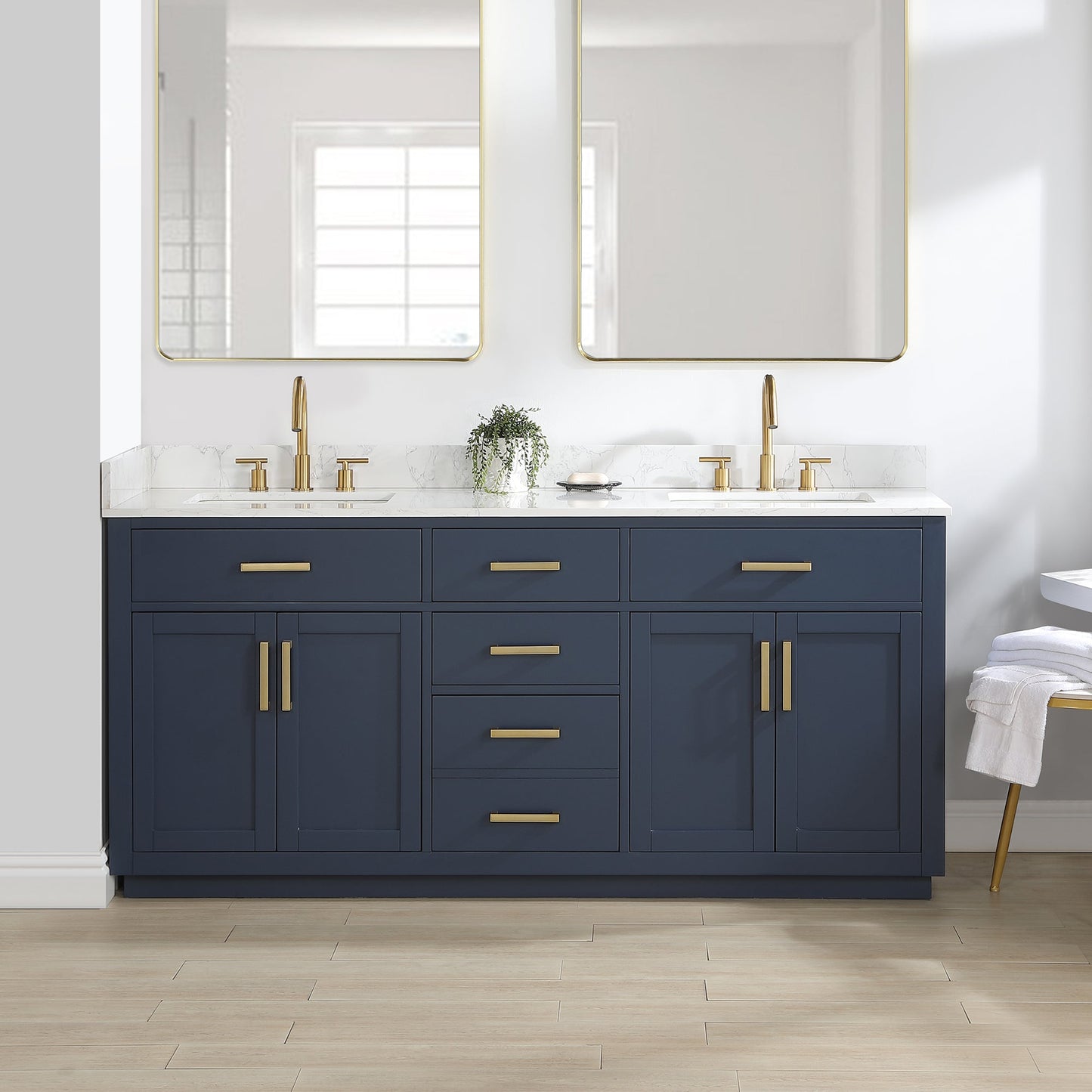 Gavino 72" Double Bathroom Vanity in Royal Blue with Grain White Engineered Stone Countertop without Mirror