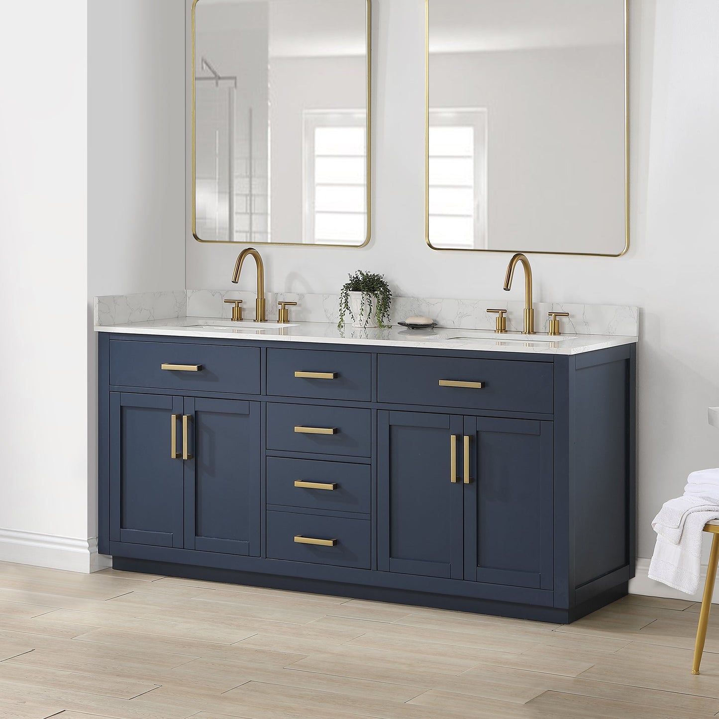 Gavino 72" Double Bathroom Vanity in Royal Blue with Grain White Engineered Stone Countertop without Mirror