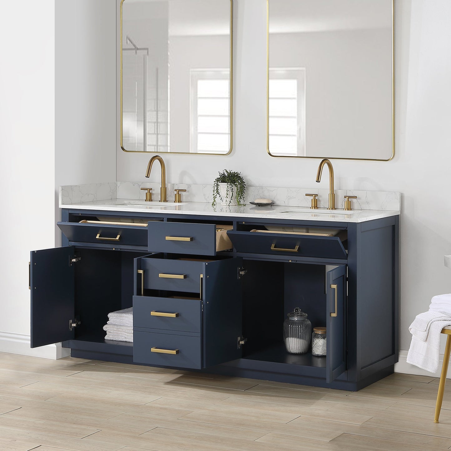 Gavino 72" Double Bathroom Vanity in Royal Blue with Grain White Engineered Stone Countertop without Mirror
