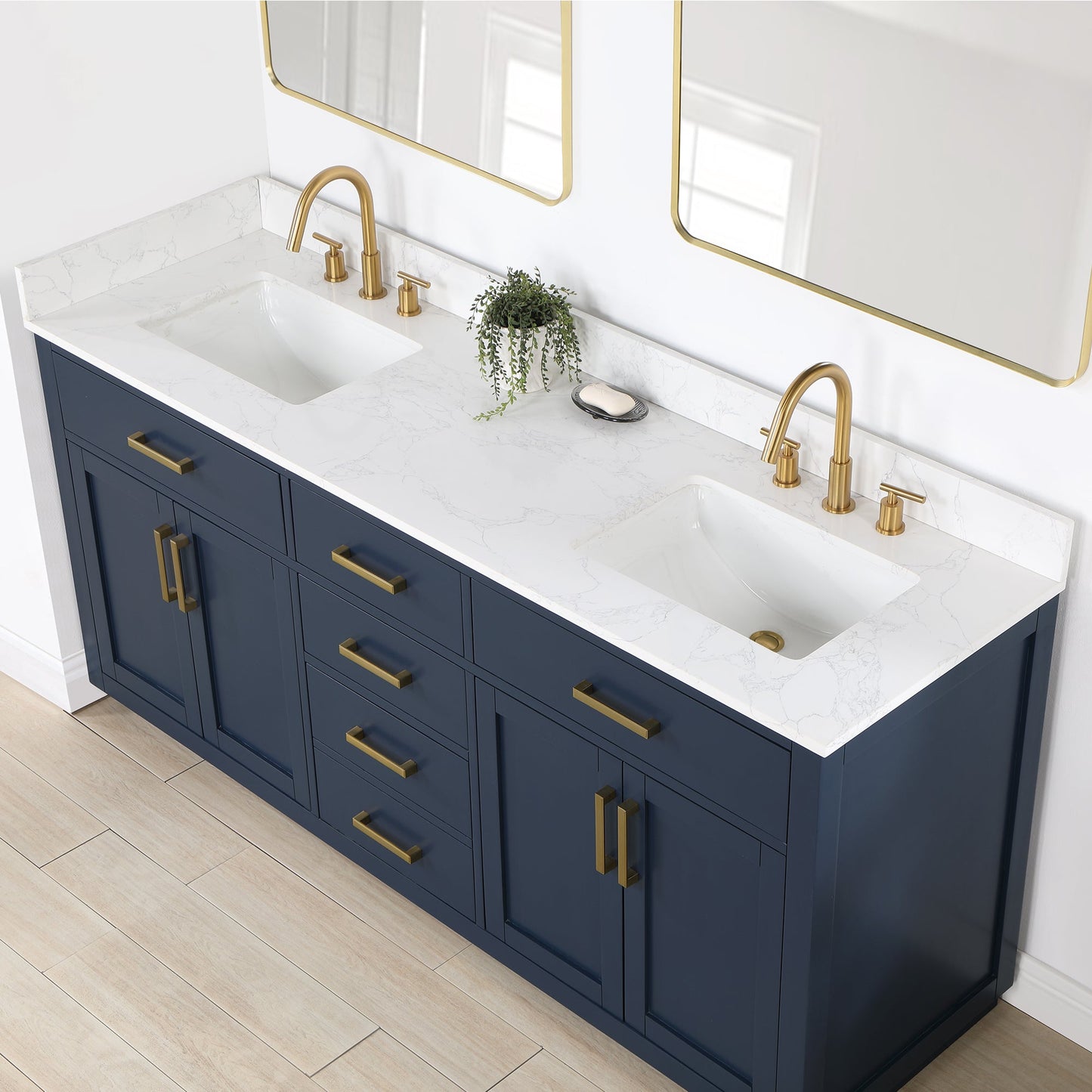 Gavino 72" Double Bathroom Vanity in Royal Blue with Grain White Engineered Stone Countertop without Mirror