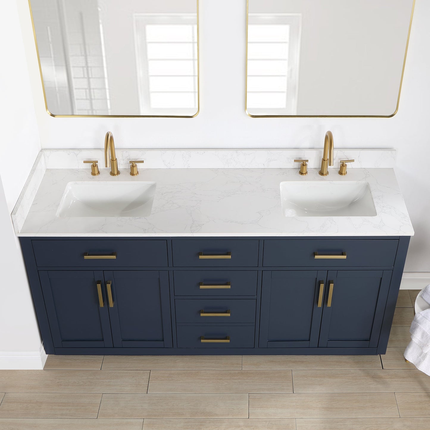 Gavino 72" Double Bathroom Vanity in Royal Blue with Grain White Engineered Stone Countertop without Mirror