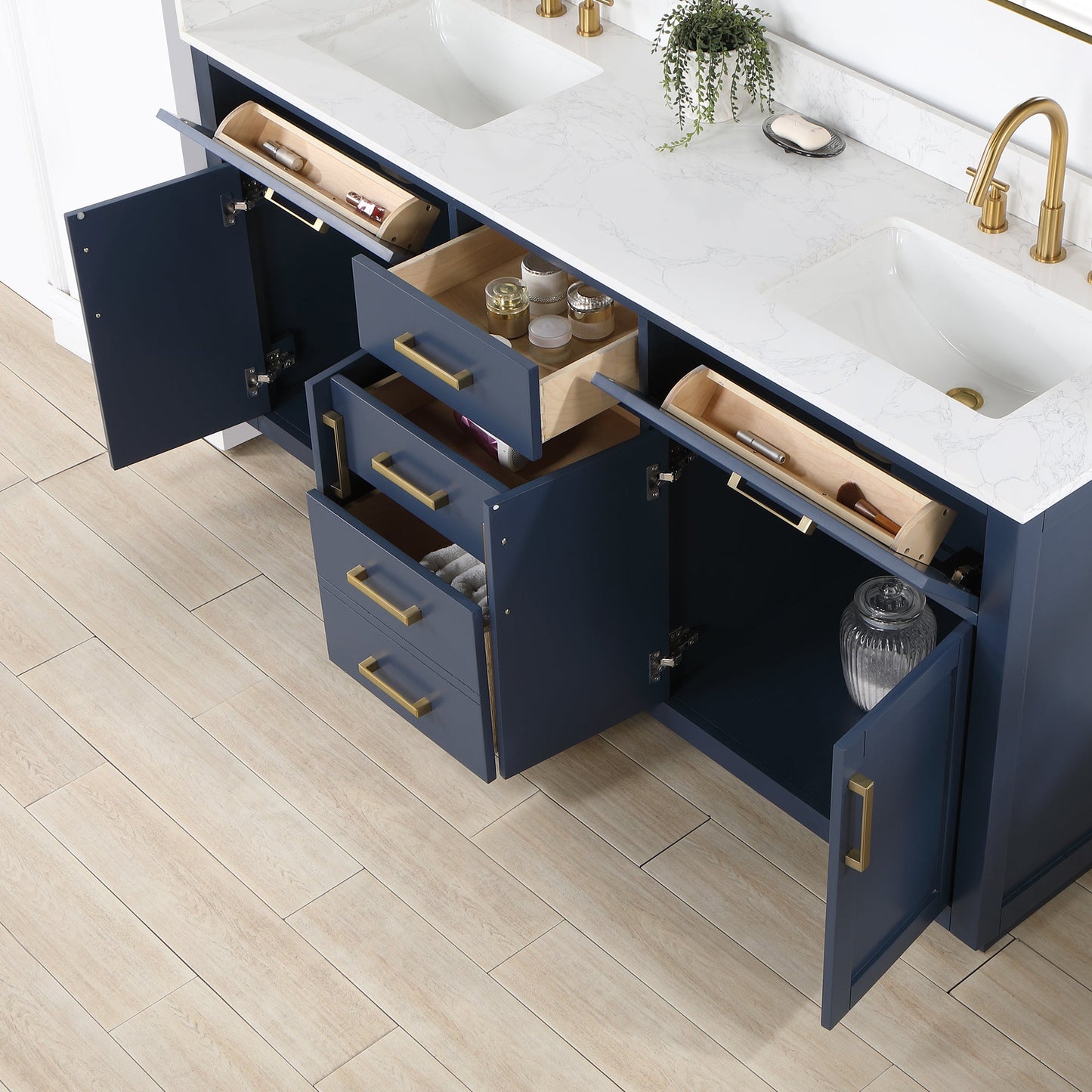 Gavino 72" Double Bathroom Vanity in Royal Blue with Grain White Engineered Stone Countertop without Mirror