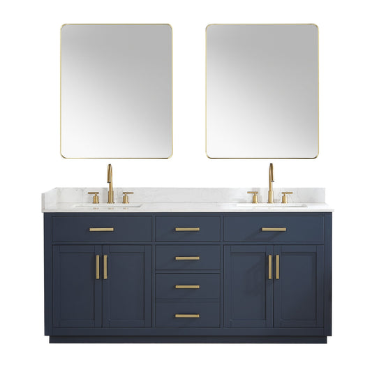 Gavino 72" Double Bathroom Vanity in Royal Blue with Grain White Engineered Stone Countertop with Mirror
