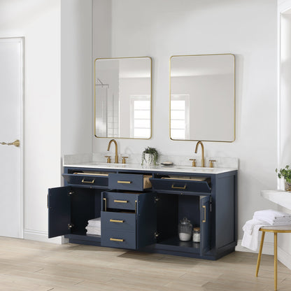 Gavino 72" Double Bathroom Vanity in Royal Blue with Grain White Engineered Stone Countertop with Mirror