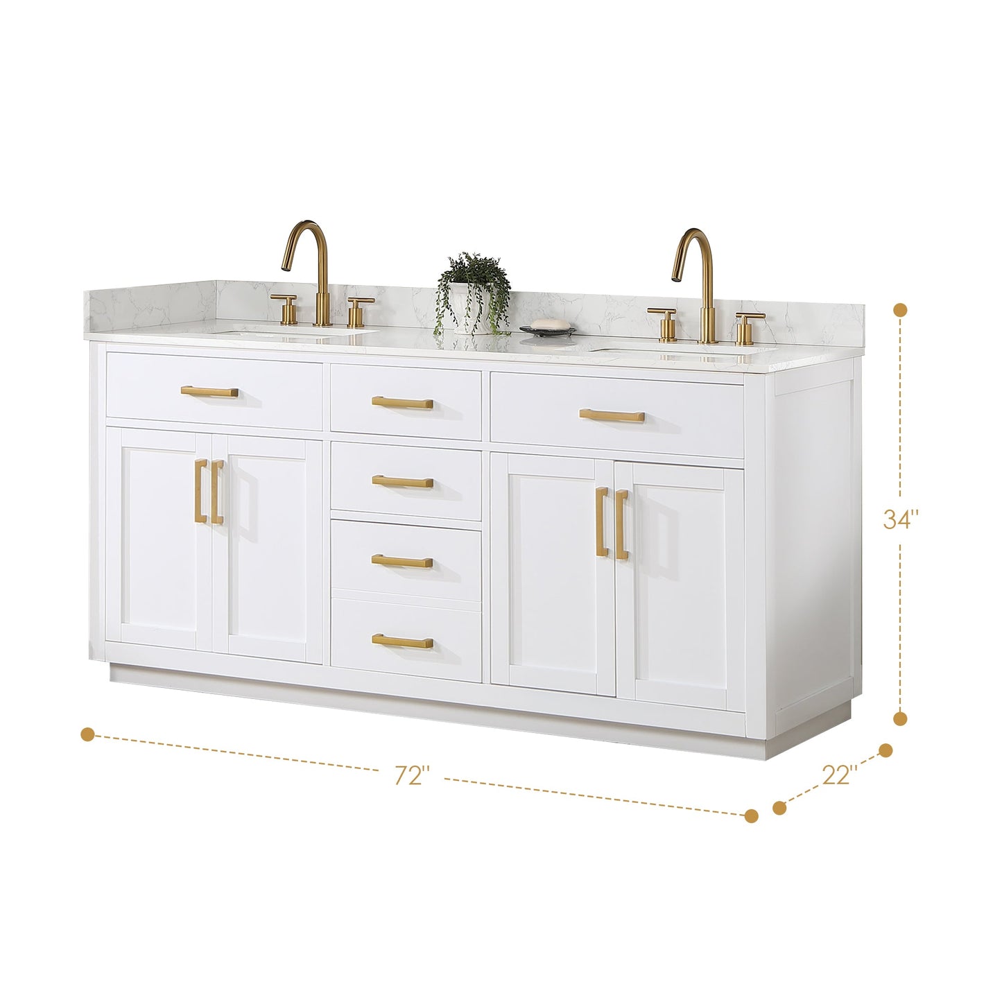 Gavino 72" Double Bathroom Vanity in White with Grain White Engineered Stone Countertop without Mirror