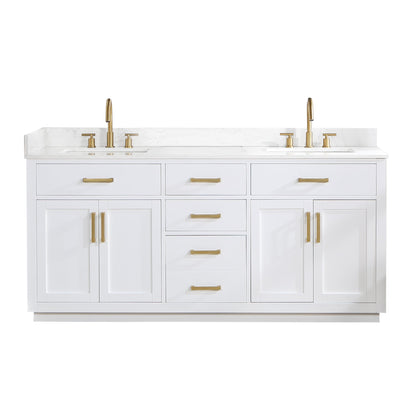 Gavino 72" Double Bathroom Vanity in White with Grain White Engineered Stone Countertop without Mirror