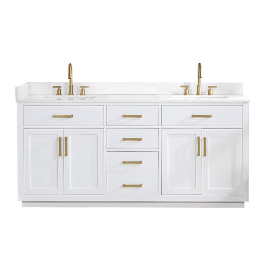 Gavino 72" Double Bathroom Vanity in White with Grain White Engineered Stone Countertop without Mirror