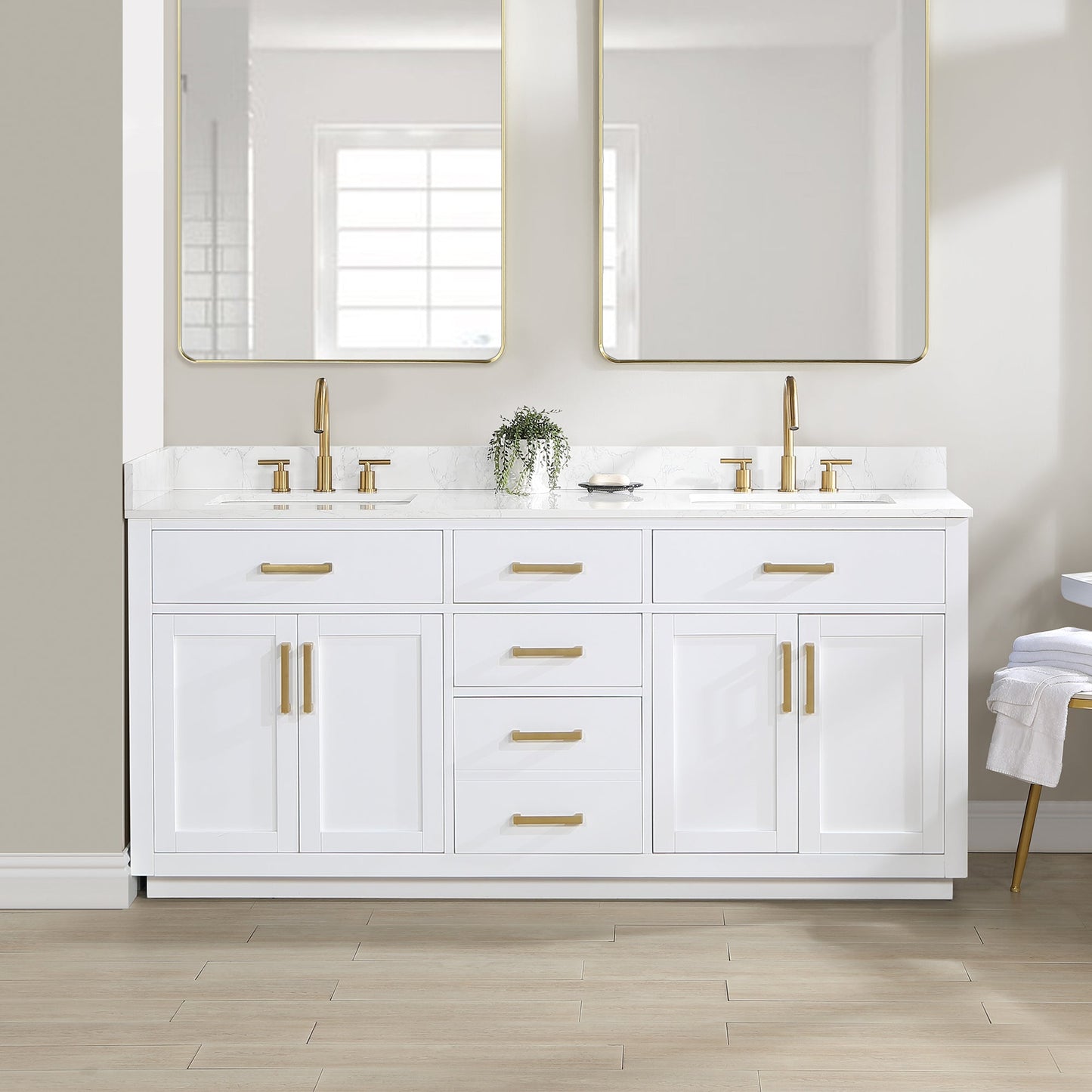 Gavino 72" Double Bathroom Vanity in White with Grain White Engineered Stone Countertop without Mirror