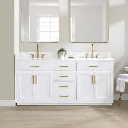 Gavino 72" Double Bathroom Vanity in White with Grain White Engineered Stone Countertop without Mirror