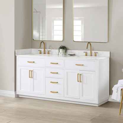 Gavino 72" Double Bathroom Vanity in White with Grain White Engineered Stone Countertop without Mirror