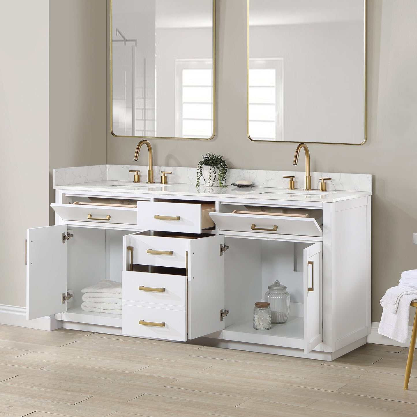 Gavino 72" Double Bathroom Vanity in White with Grain White Engineered Stone Countertop without Mirror