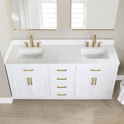 Gavino 72" Double Bathroom Vanity in White with Grain White Engineered Stone Countertop without Mirror