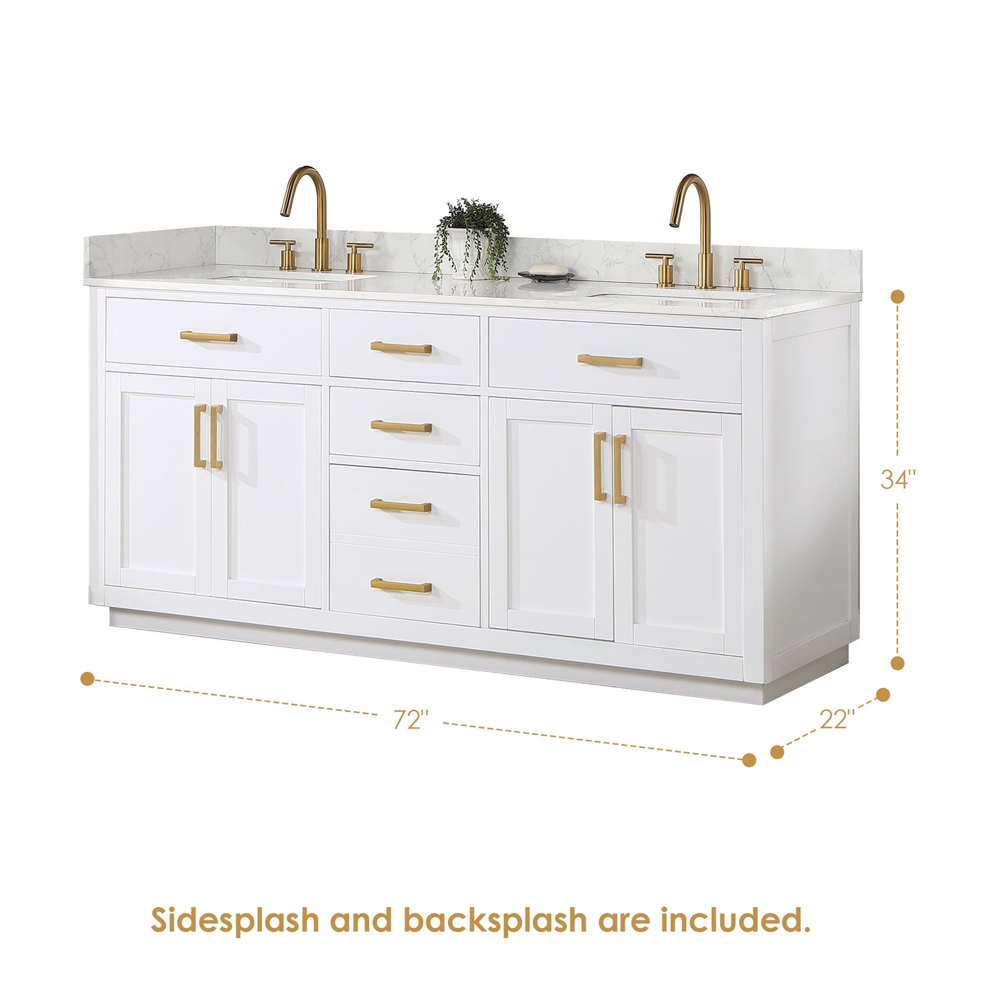 Gavino 72" Double Bathroom Vanity in White with Grain White Engineered Stone Countertop with Mirror