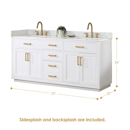 Gavino 72" Double Bathroom Vanity in White with Grain White Engineered Stone Countertop with Mirror