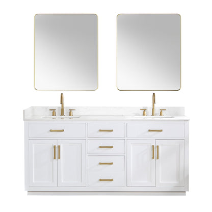 Gavino 72" Double Bathroom Vanity in White with Grain White Engineered Stone Countertop with Mirror