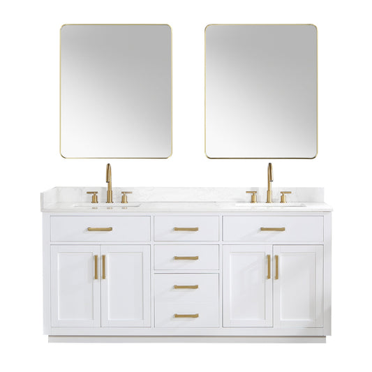 Gavino 72" Double Bathroom Vanity in White with Grain White Engineered Stone Countertop with Mirror