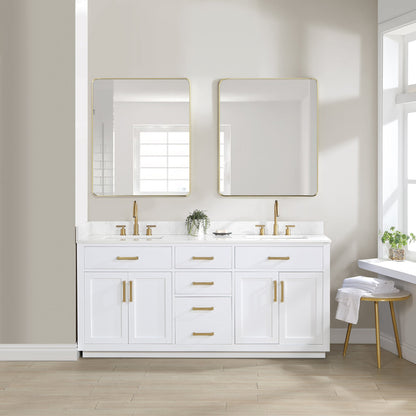 Gavino 72" Double Bathroom Vanity in White with Grain White Engineered Stone Countertop with Mirror