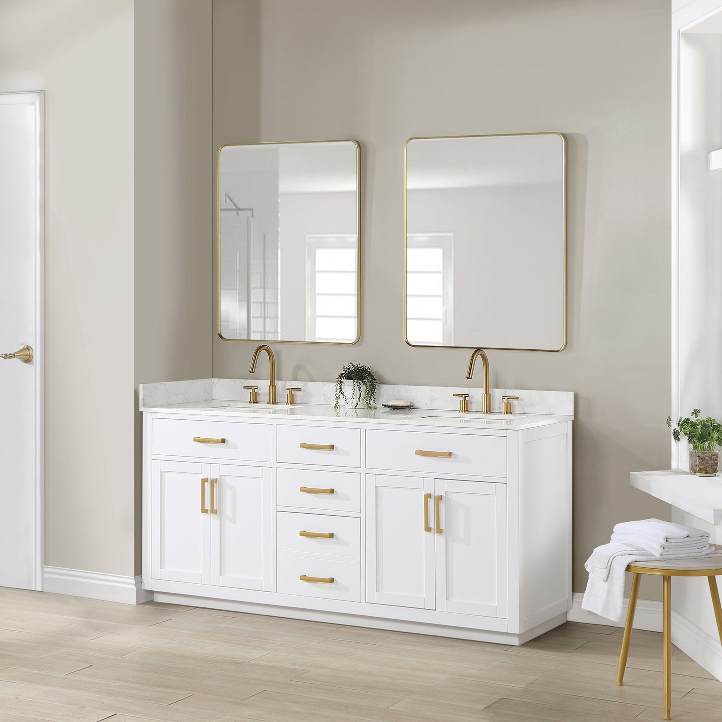 Gavino 72" Double Bathroom Vanity in White with Grain White Engineered Stone Countertop with Mirror