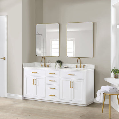 Gavino 72" Double Bathroom Vanity in White with Grain White Engineered Stone Countertop with Mirror