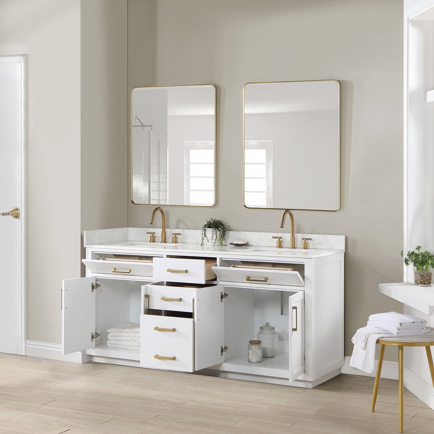 Gavino 72" Double Bathroom Vanity in White with Grain White Engineered Stone Countertop with Mirror