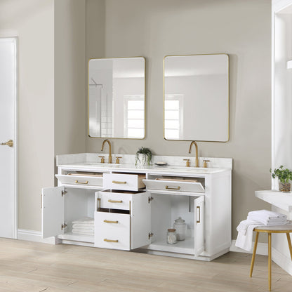 Gavino 72" Double Bathroom Vanity in White with Grain White Engineered Stone Countertop with Mirror