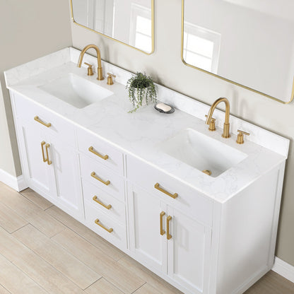Gavino 72" Double Bathroom Vanity in White with Grain White Engineered Stone Countertop with Mirror