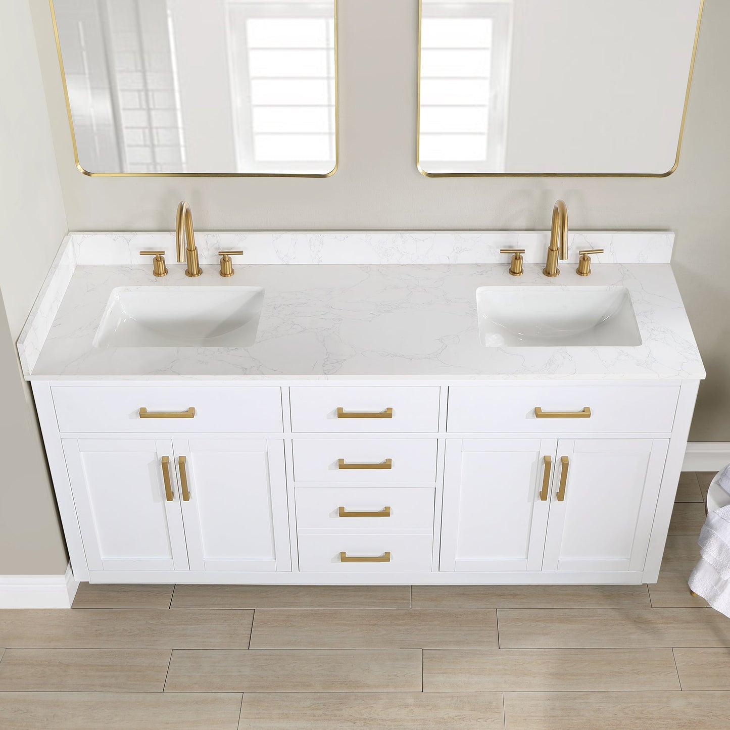 Gavino 72" Double Bathroom Vanity in White with Grain White Engineered Stone Countertop with Mirror