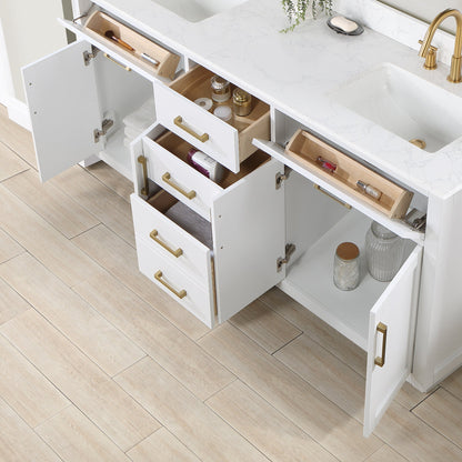 Gavino 72" Double Bathroom Vanity in White with Grain White Engineered Stone Countertop with Mirror