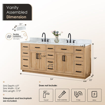 Gavino 84" Double Bathroom Vanity in Light Brown with Grain White Engineered Stone Countertop without Mirror
