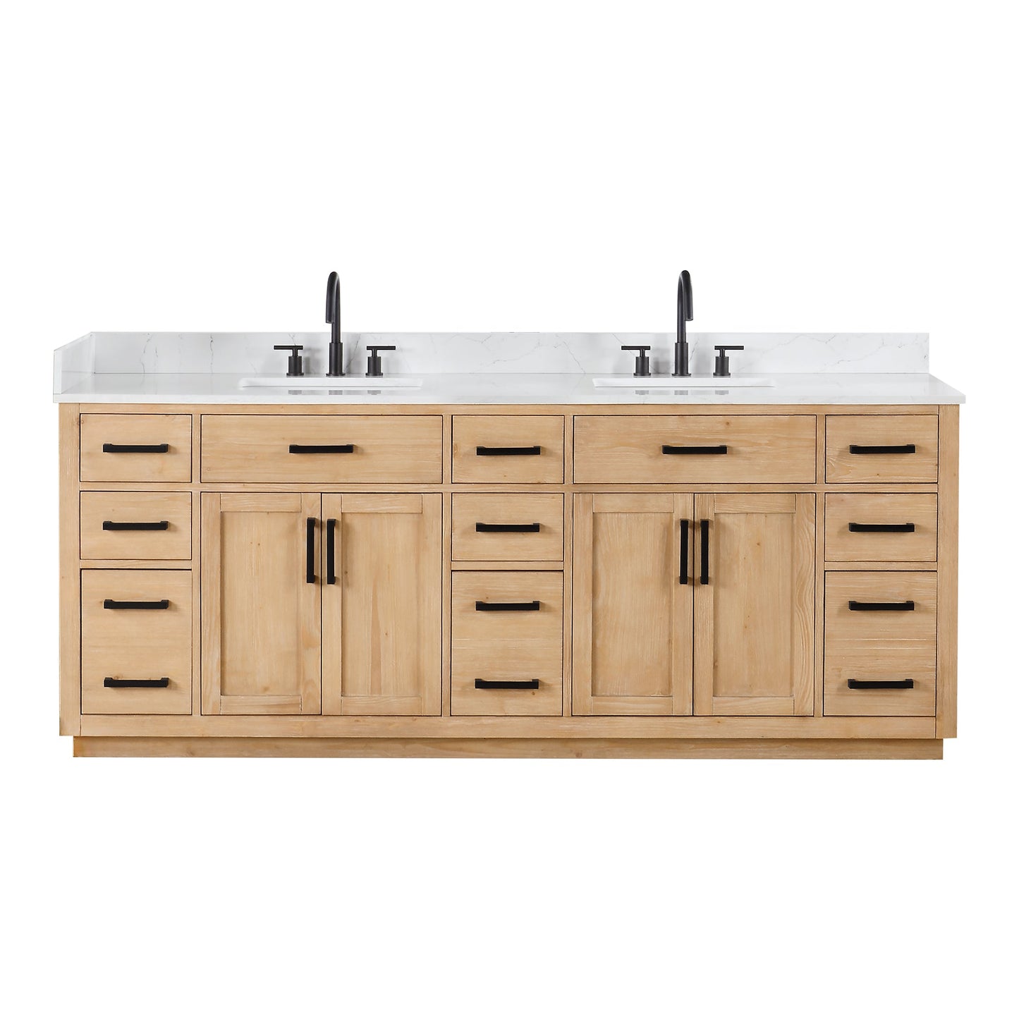 Gavino 84" Double Bathroom Vanity in Light Brown with Grain White Engineered Stone Countertop without Mirror
