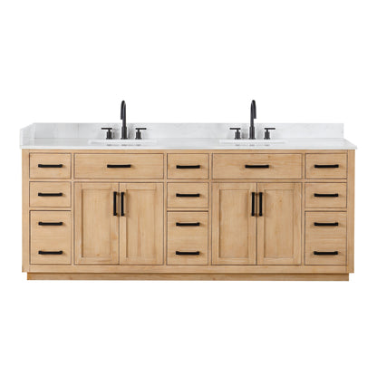 Gavino 84" Double Bathroom Vanity in Light Brown with Grain White Engineered Stone Countertop without Mirror