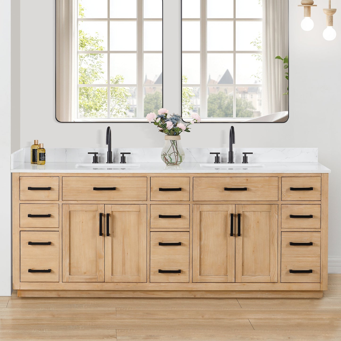 Gavino 84" Double Bathroom Vanity in Light Brown with Grain White Engineered Stone Countertop without Mirror