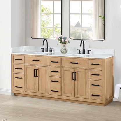 Gavino 84" Double Bathroom Vanity in Light Brown with Grain White Engineered Stone Countertop without Mirror