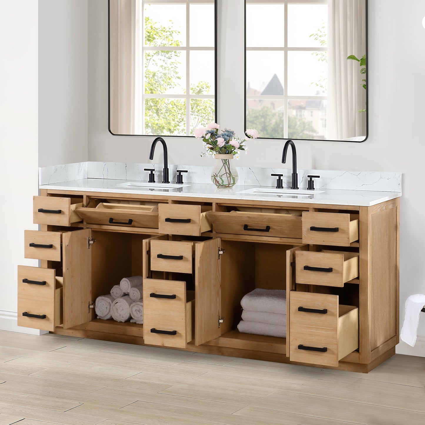 Gavino 84" Double Bathroom Vanity in Light Brown with Grain White Engineered Stone Countertop without Mirror