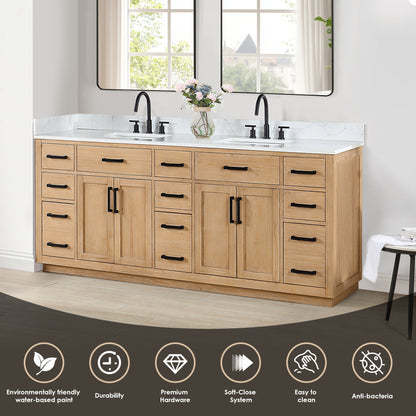 Gavino 84" Double Bathroom Vanity in Light Brown with Grain White Engineered Stone Countertop without Mirror