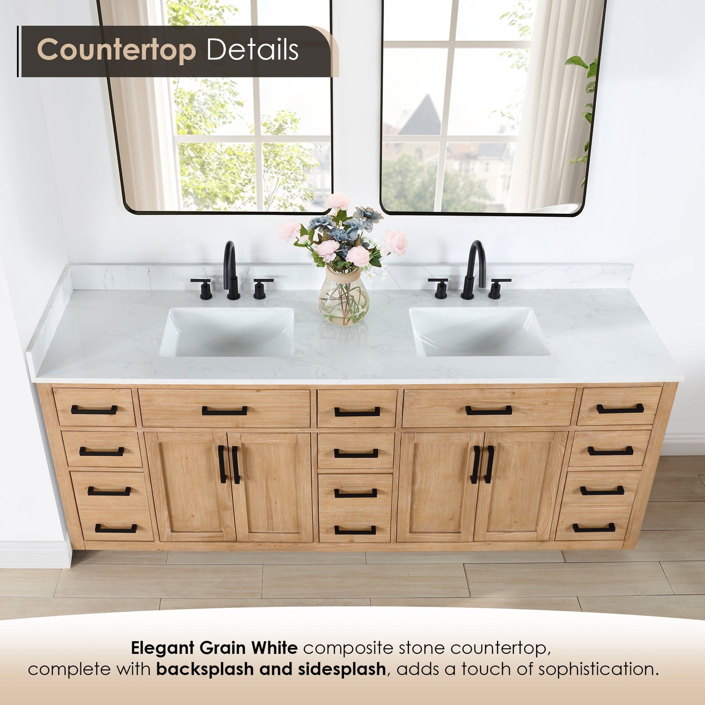 Gavino 84" Double Bathroom Vanity in Light Brown with Grain White Engineered Stone Countertop without Mirror