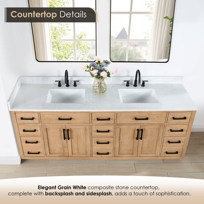 Gavino 84" Double Bathroom Vanity in Light Brown with Grain White Engineered Stone Countertop without Mirror